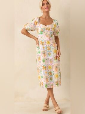 Prosperina Fancy Multi Print Cotton Midi Dress Sz M